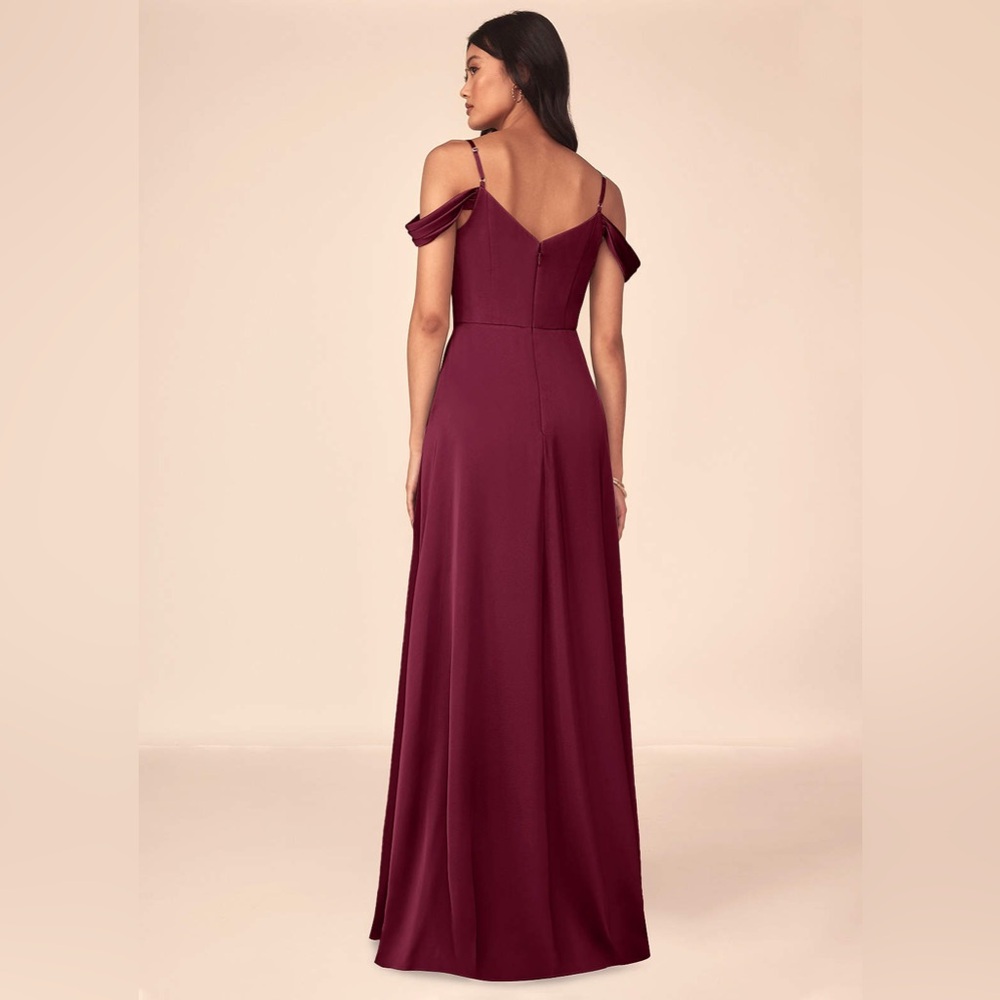 Azazie Burgundy Off-Shoulder Satin Maxi Dress with Slit - Picture 5 of 11